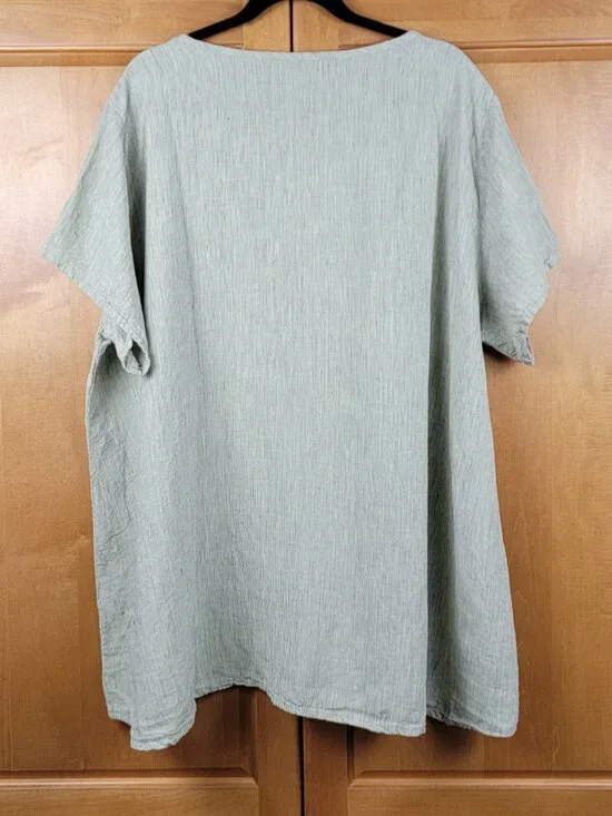 Flax Green Tan Gold Black Linen Short Sleeve Pullover Scoop Neck Tee - Sz 24-26 - Picture 3 of 6